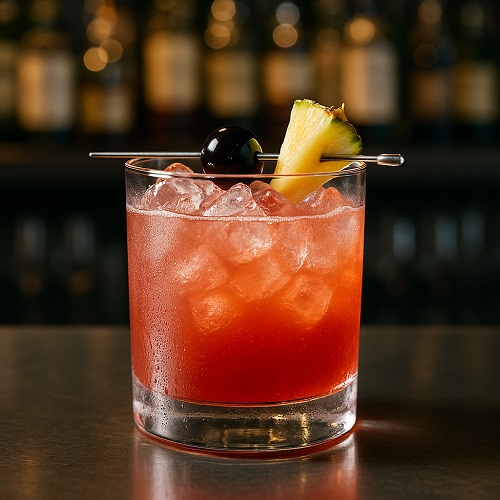 Jungle Bird cocktail in a rocks glass with ice and pineapple wedge garnish.